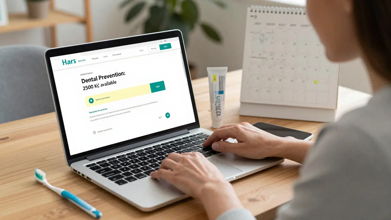 Žena na počítači s účtem pojišťovny, viditelný příspěvek 2500 Kč na prevenci zubů.
