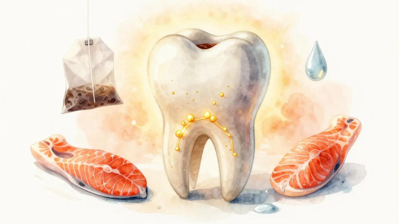 Zub s pronikajícími ionty fluoridu, obklopený čajem, rybou a kapkou vody.