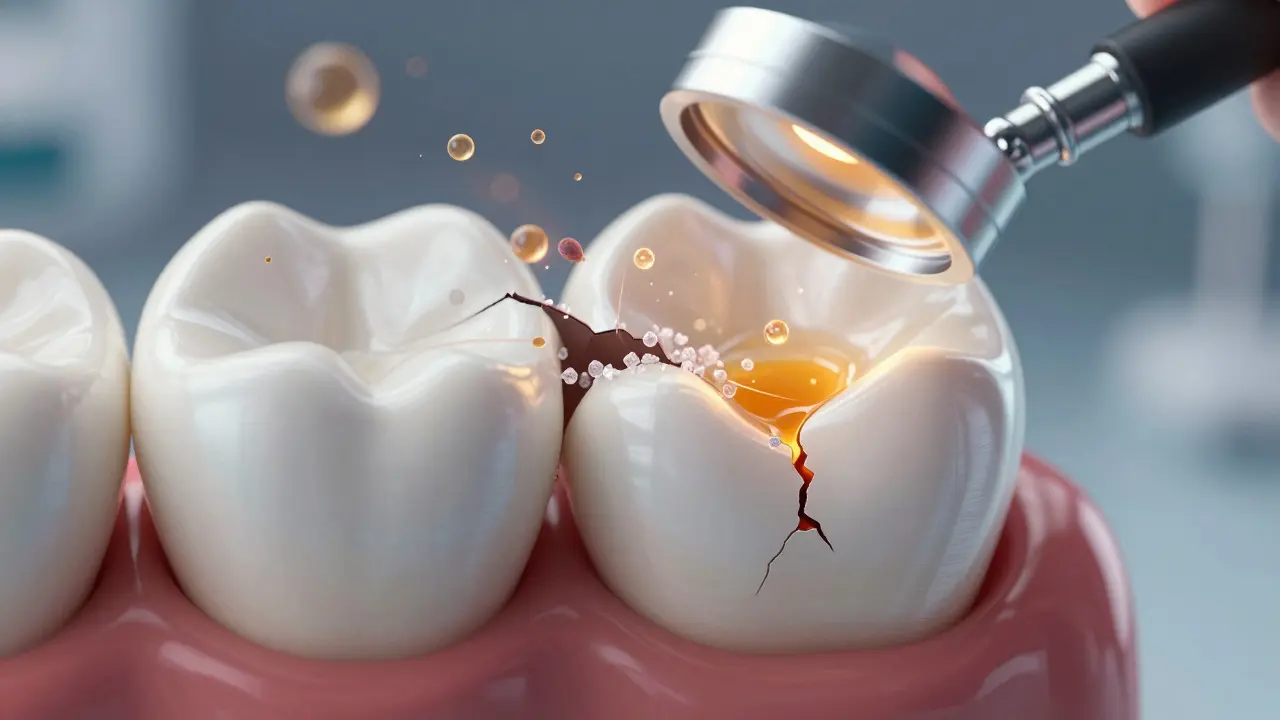 Zvětšený pohled na prasklinu v zubu s cukrem a bakteriemi uvnitř.