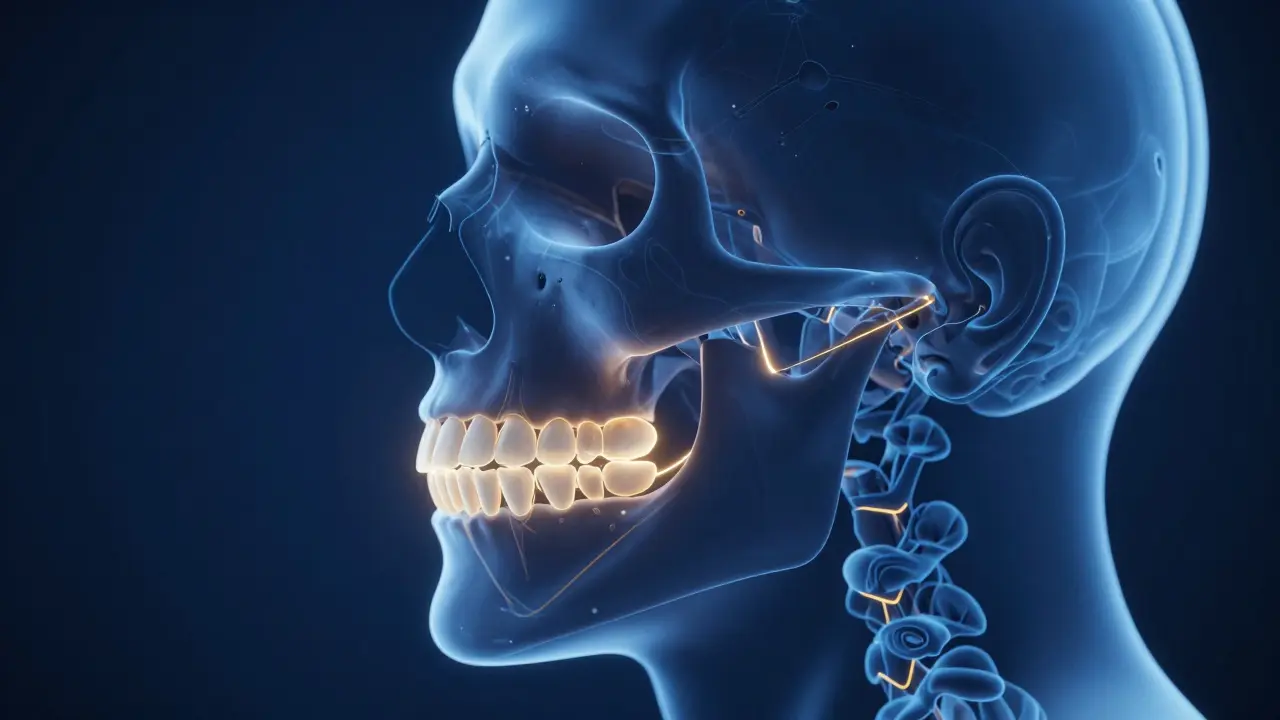 3D anatomický model čelistí znázorňující přesnou chirurgickou korekci skusu.