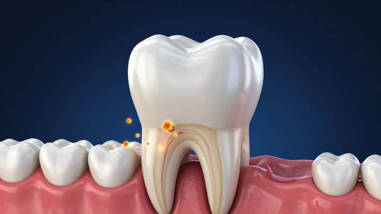 3D anatomický průřez předního zubu znázornující sklovinu, dentin a nerv.