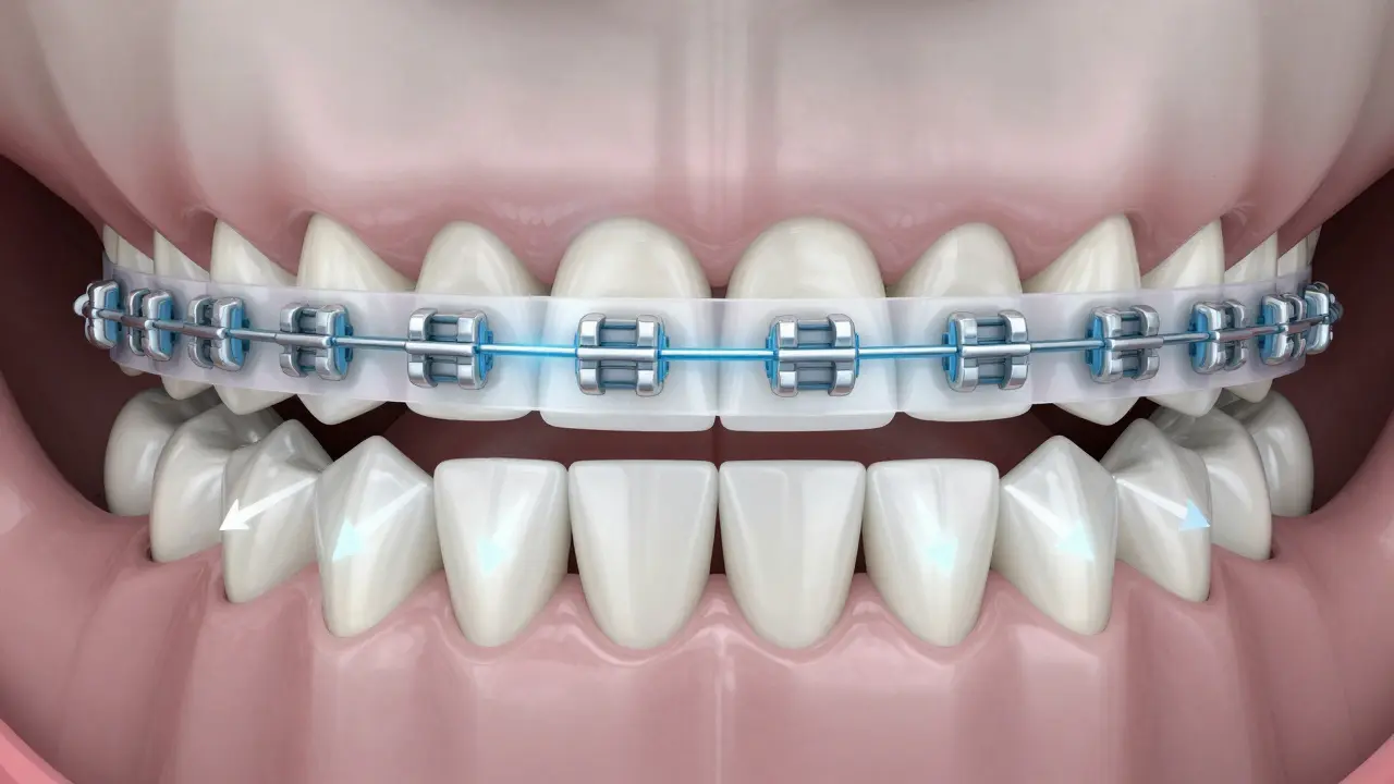 3D ilustrace ukazující mechaniku a tlak elastické gumičky na zubní aparátu.