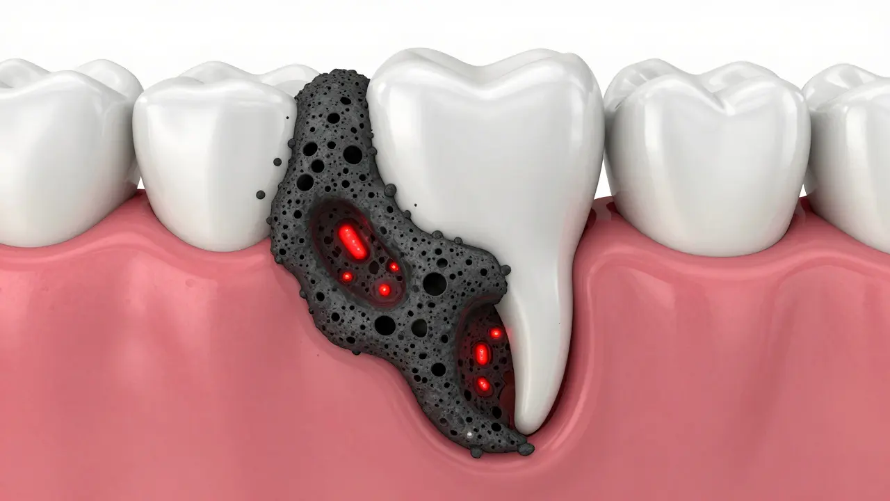 3D ilustrace vlivu černého zubního kamene na dásně a kořen zuba.