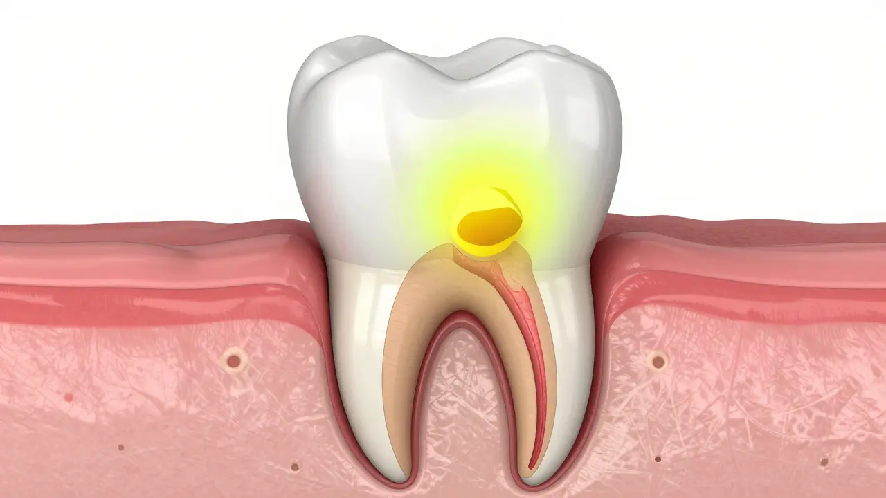 3D ilustrace zubního abscesu u kořene zubu v čelistní kosti.
