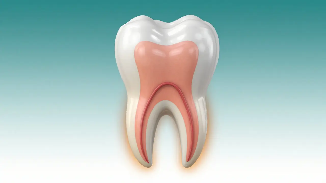 3D model zubu s vyplněnými kořenovými kanálky a znázorněním hojení tkání.