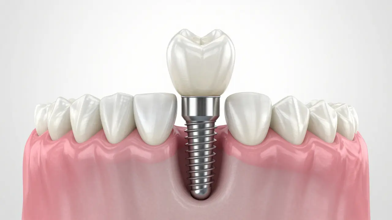 3D znázornění dentálního implantátu v čelistní kosti s korunkou