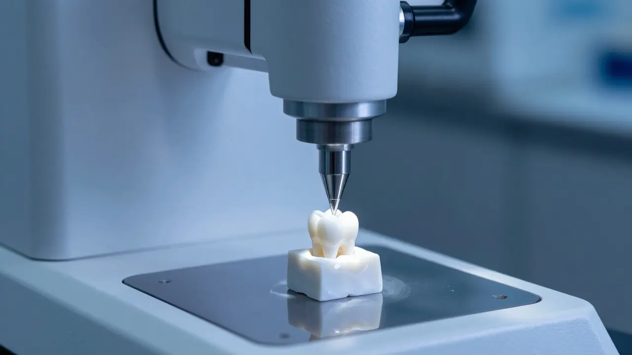 CAD/CAM frézovací stroj přesně tvarující zirkoniovou fazetu v laboratoři.