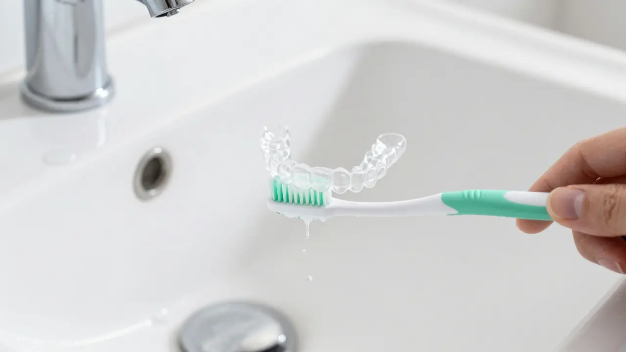 Čištění průhledné dlahy kartáčkem u bílého umyvadla.