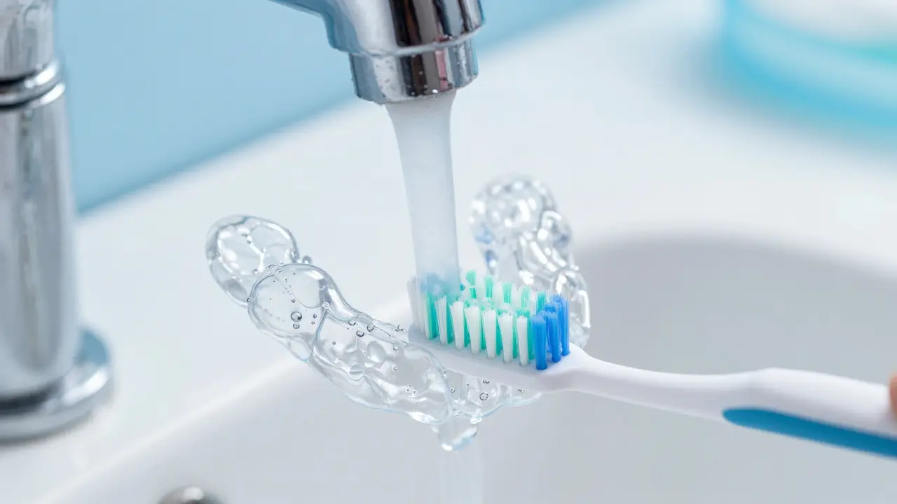 Čištění průhledného aligneru jemným kartáčkem pod proudem vlažné vody.