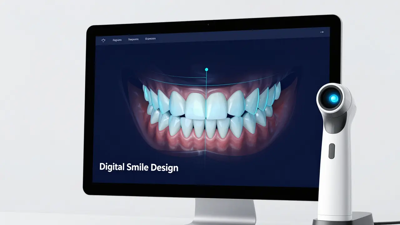 Digitální plánování úsměvu na monitoru v moderní stomatologické klinice.