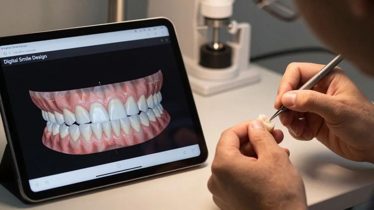 Digitální plánování úsměvu na tabletu vedle precizní výroby fasety v laboratoři.