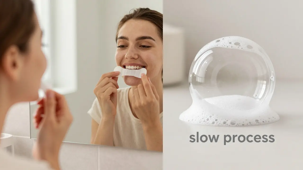 Domácí aplikace bělicích proužků na zuby před zrcadlem v koupelně.