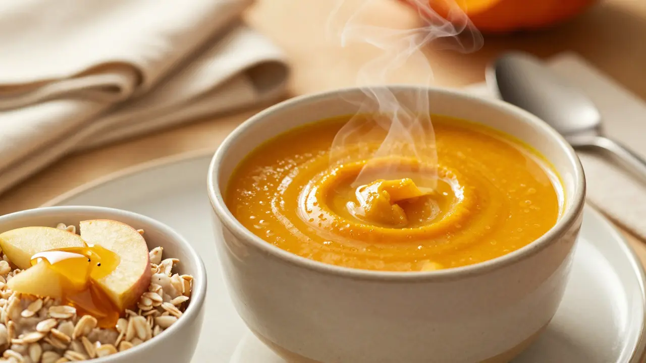 Horká dýňová polévka a kaše s jablkem pro bolestivé ústa.