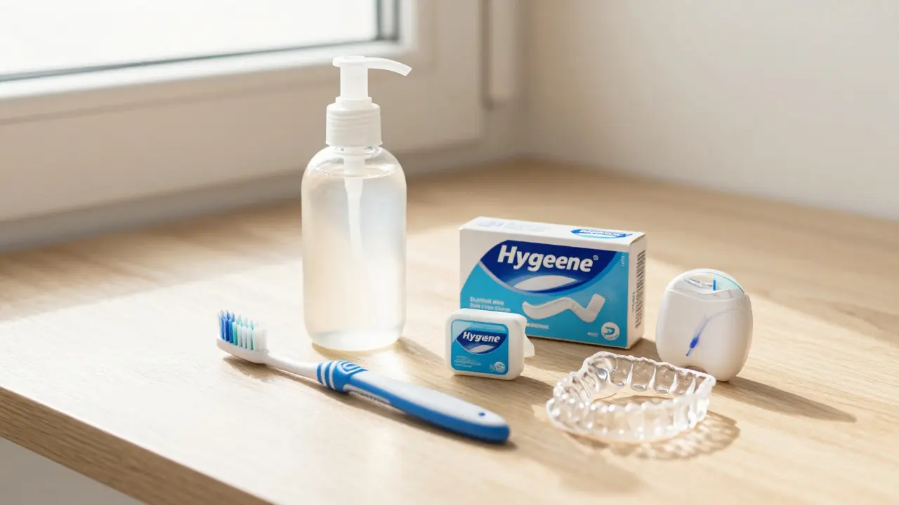 Hygienická sada pro péči o neviditelnou rovnátku s kartáčkem, mýdlem a nití.