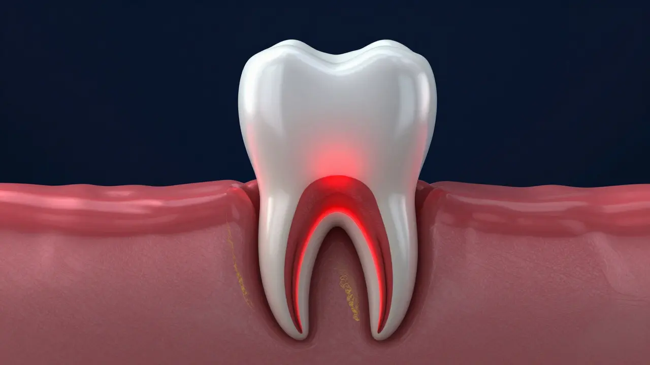 Konceptuální 3D model zubu s červeně zářícím zánětem nervu v pulpě.