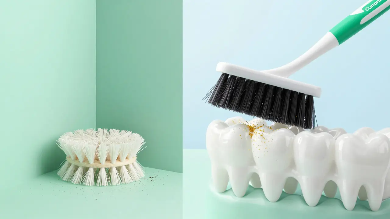 Konceptuální srovnání hustých vláken Curaprox s běžným kartáčkem při čištění plaku.