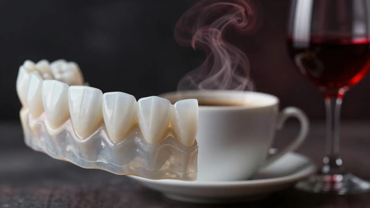 Konceptuální znázornění keramických faset vedle šálku kávy a červeného vína.