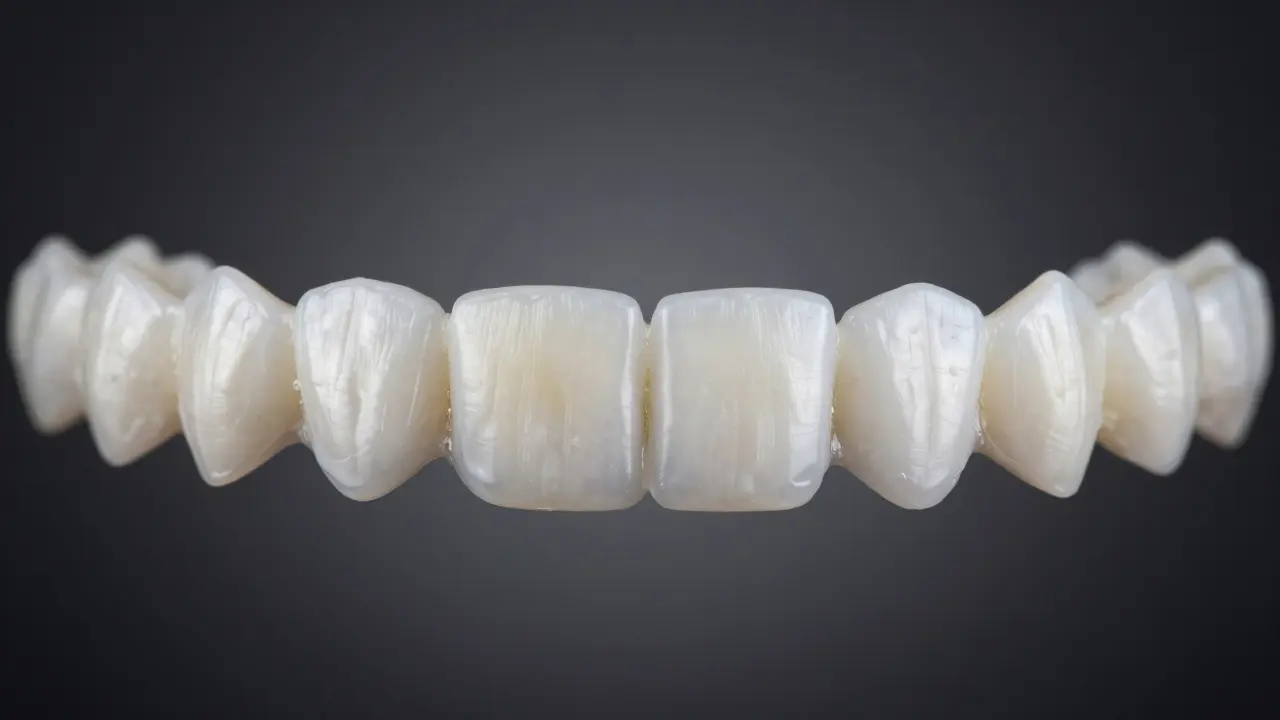 Kontrast mezi vybělenými zuby a žlutou dentální korunkou.