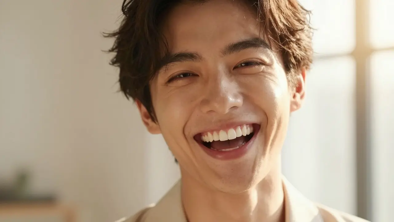 Krásný, přirozený a zářivý úsměv sebevědomé osoby po aplikaci faset.