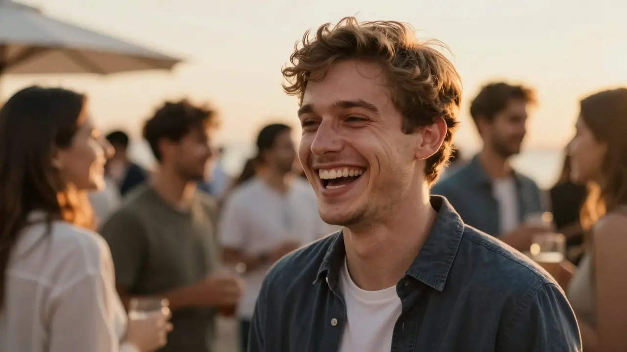 Kreslící mladý člověk s sebevědomým úsměvem v přátelském společenském prostředí.