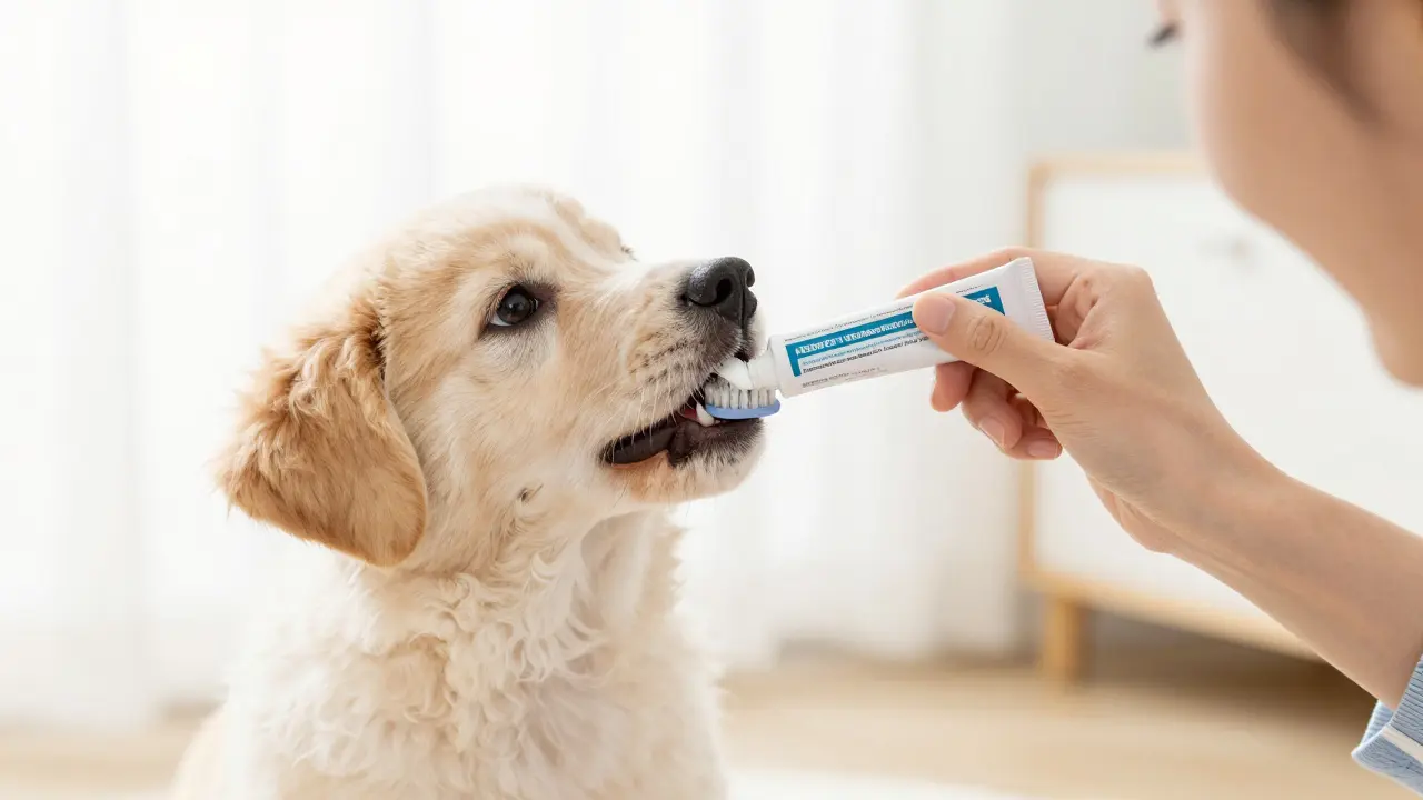 Majitel učí štěně základům čištění zubů pomocí speciálního kartáčku.