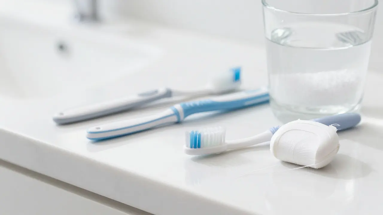 Mezizubní kartáčky a hygienické pomůcky na bílém mramorovém povrchu.