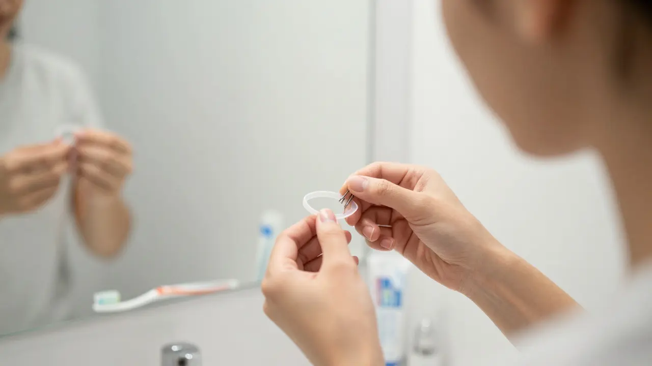 Osoba nasazující elastickou gumičku na rovnátka před koupelnovým zrcadlem.