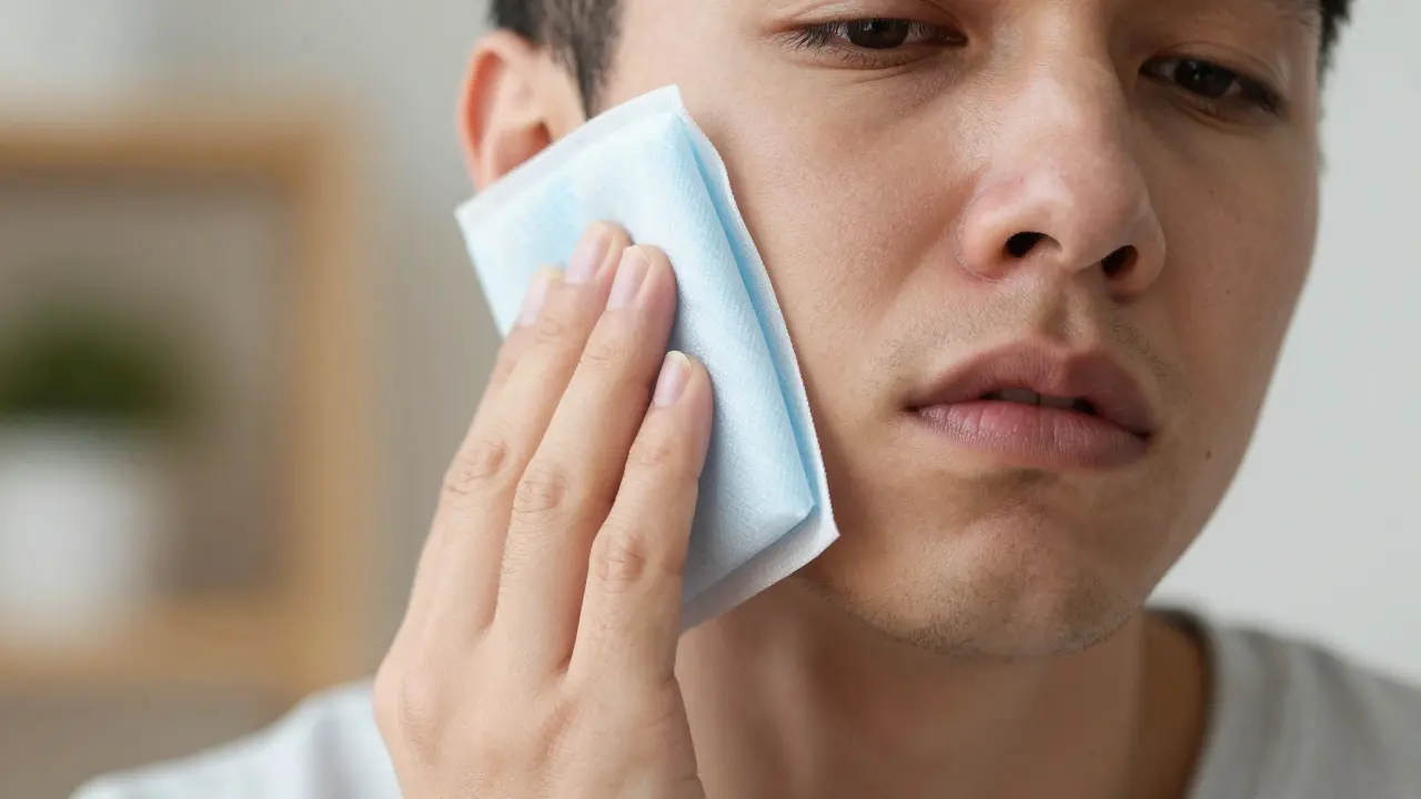 Osoba přikládající studený obklad na oteklou tvář při zánětu zubu.