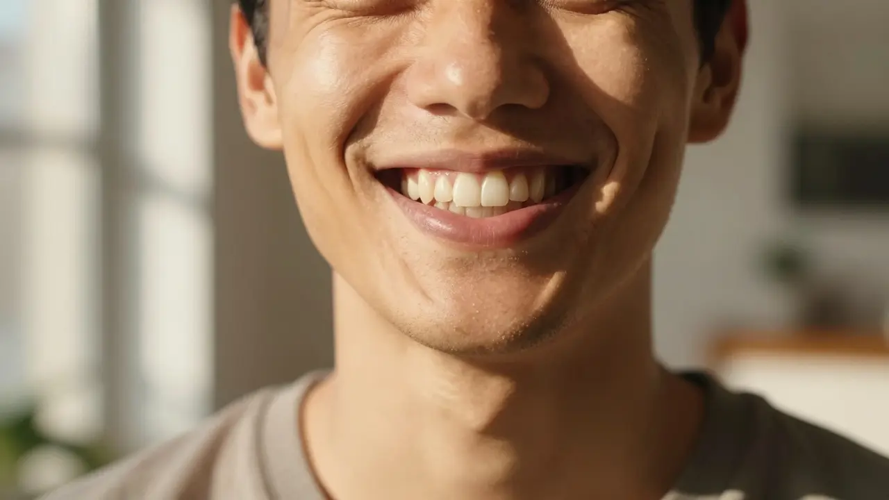 Přirozený a zdravý úsměv osoby s kvalitními zubními fazetami.