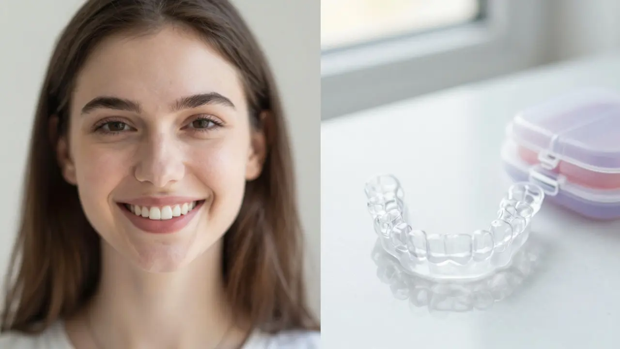 Průhledná dlahy na zubech a ochranný pouzdro na bílém povrchu.