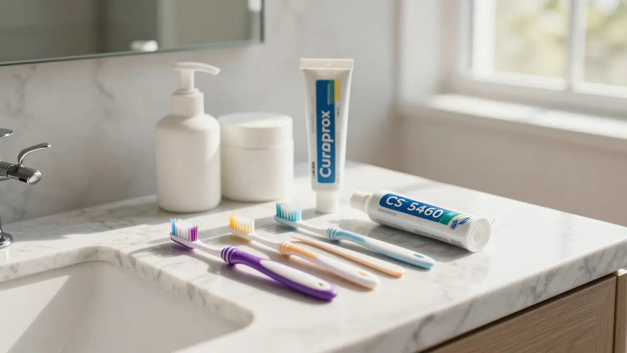 Sada kartáčků Curaprox a mezizubních kartáčků na mramorové v koupelně.