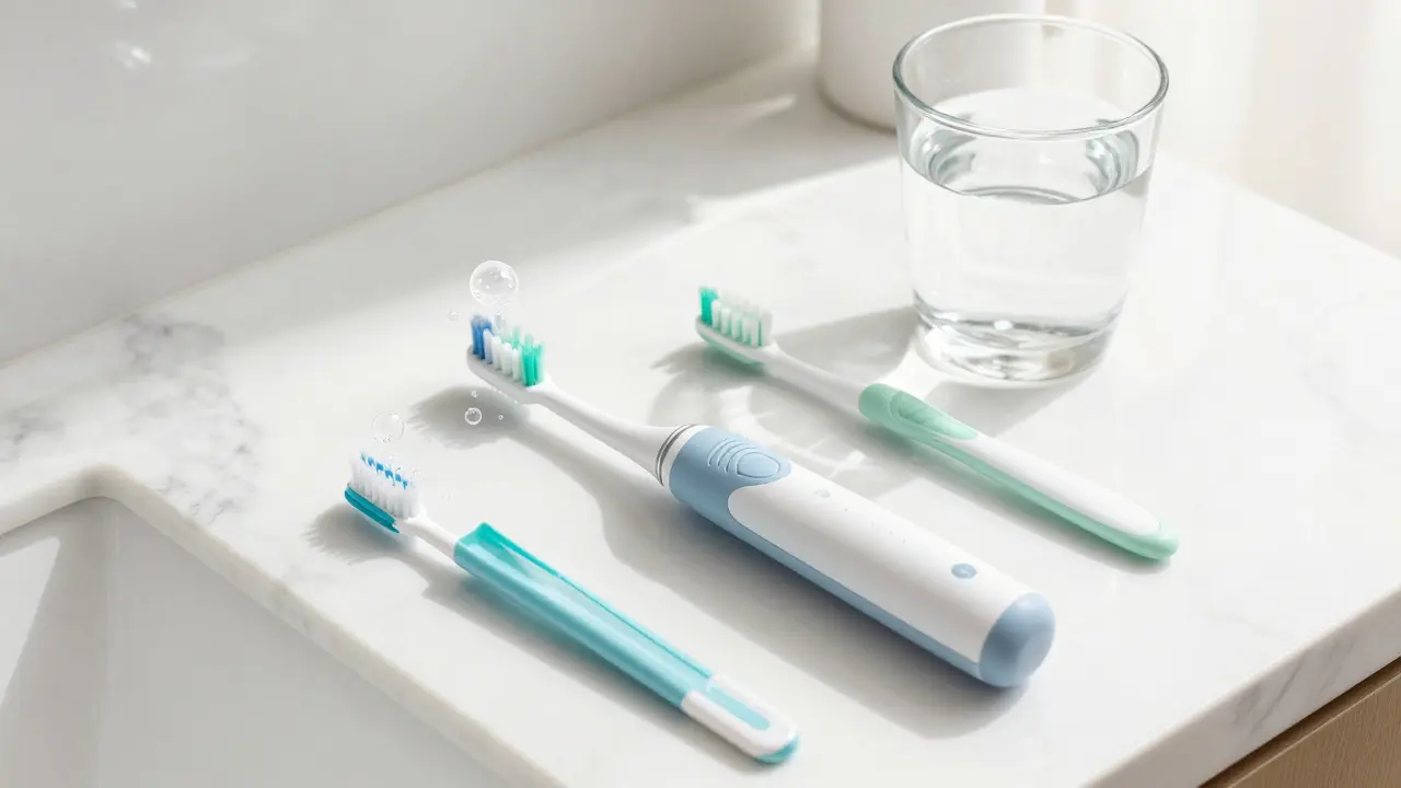 Sada pro domácí hygienu: sonický kartáček, mezizubník a sklenice vody.