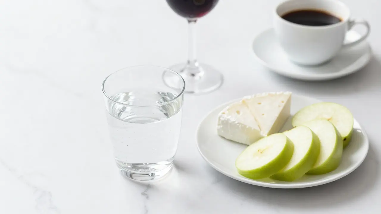 Složení bílé diety s čistou vodou a svěžím jablkem na mramorovém stole.