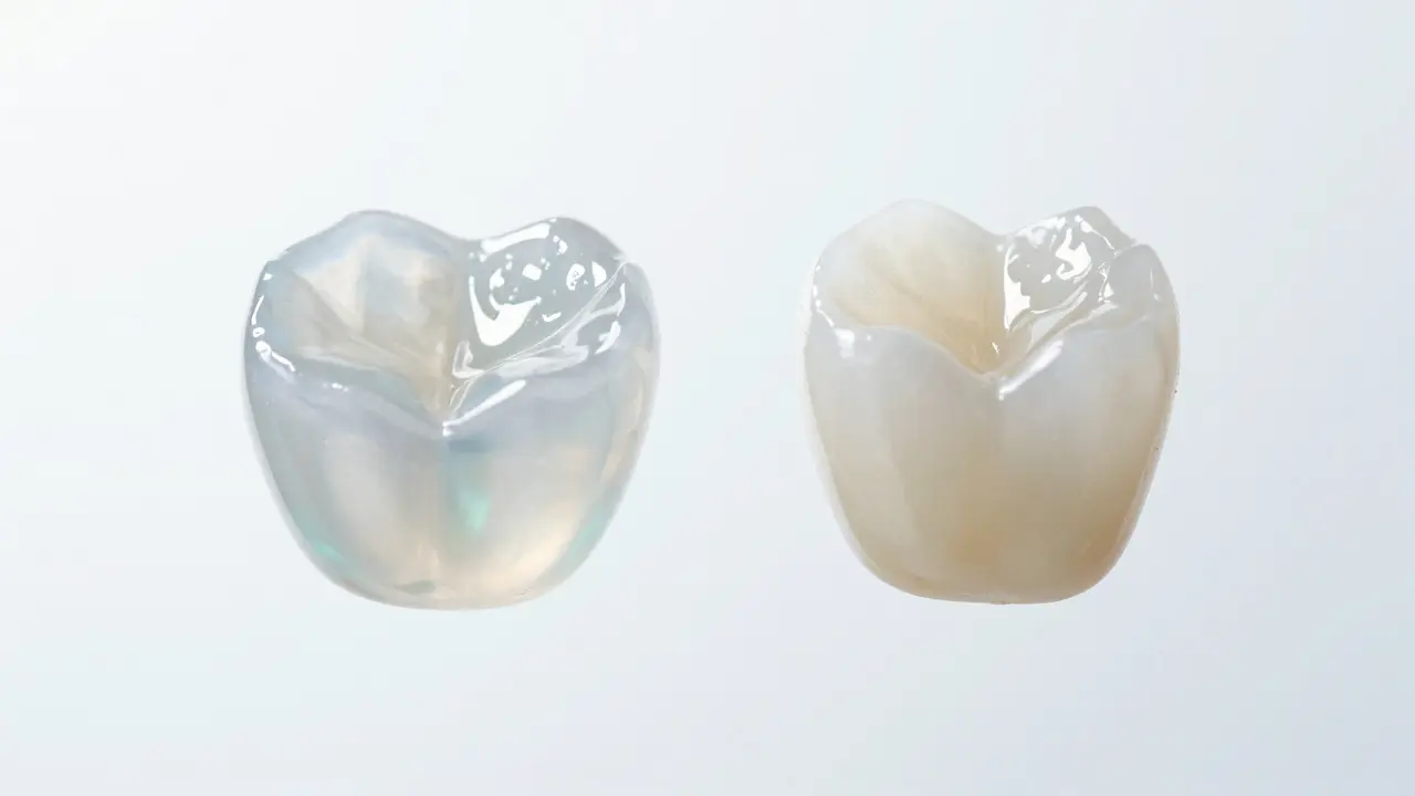 Srovnání průhledné keramické fasety a kompozitní fasety na bílém pozadí.