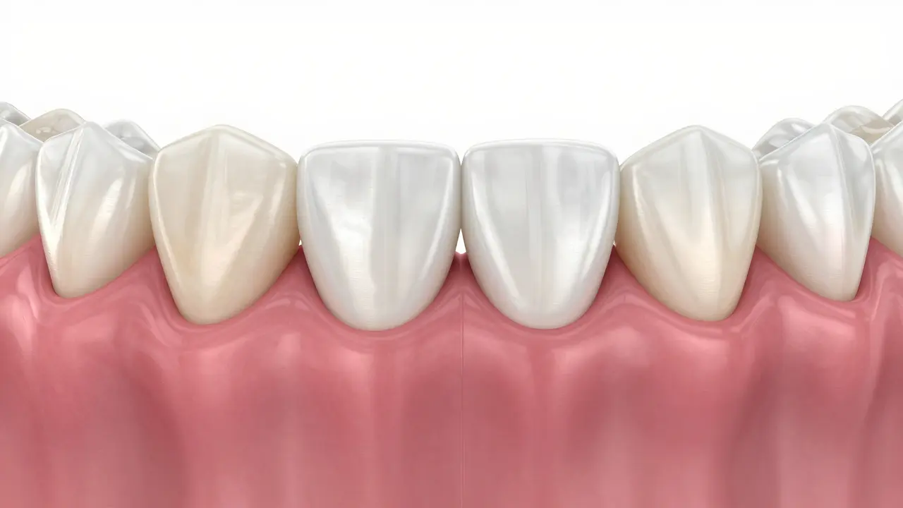 Srovnání zubu s mezerou a zubu s aplikovanou keramickou fazetou.