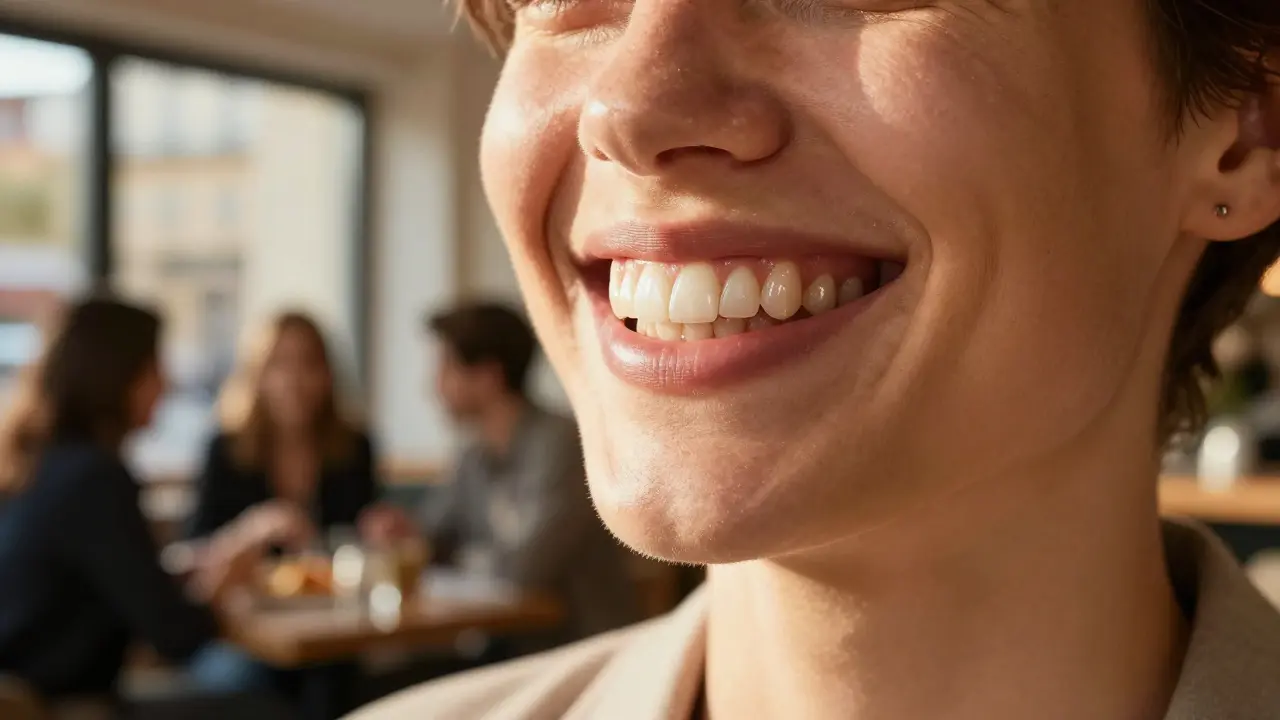 Šťastný člověk s přirozeným a esteticky perfektním úsměvem v kavárně.