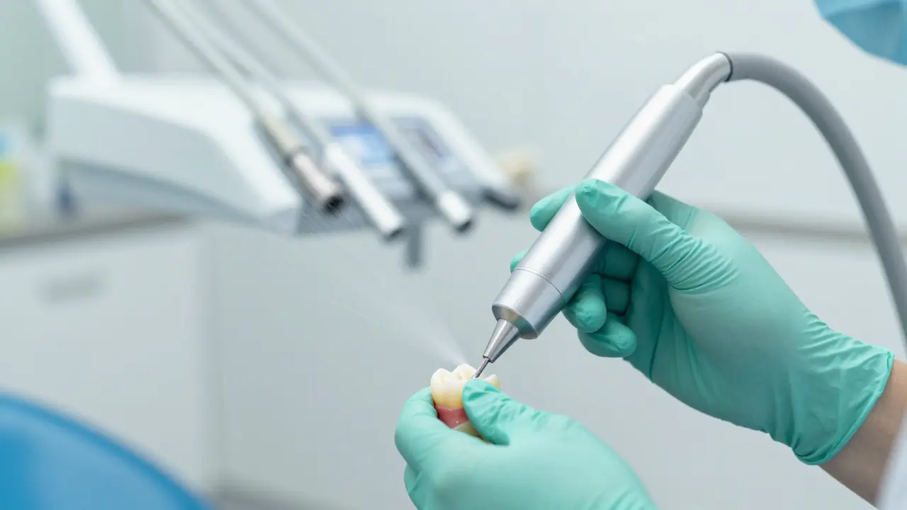 Ultrazvukové čištění zubů s jemnou vodní mlhou v moderní stomatologické klinice.