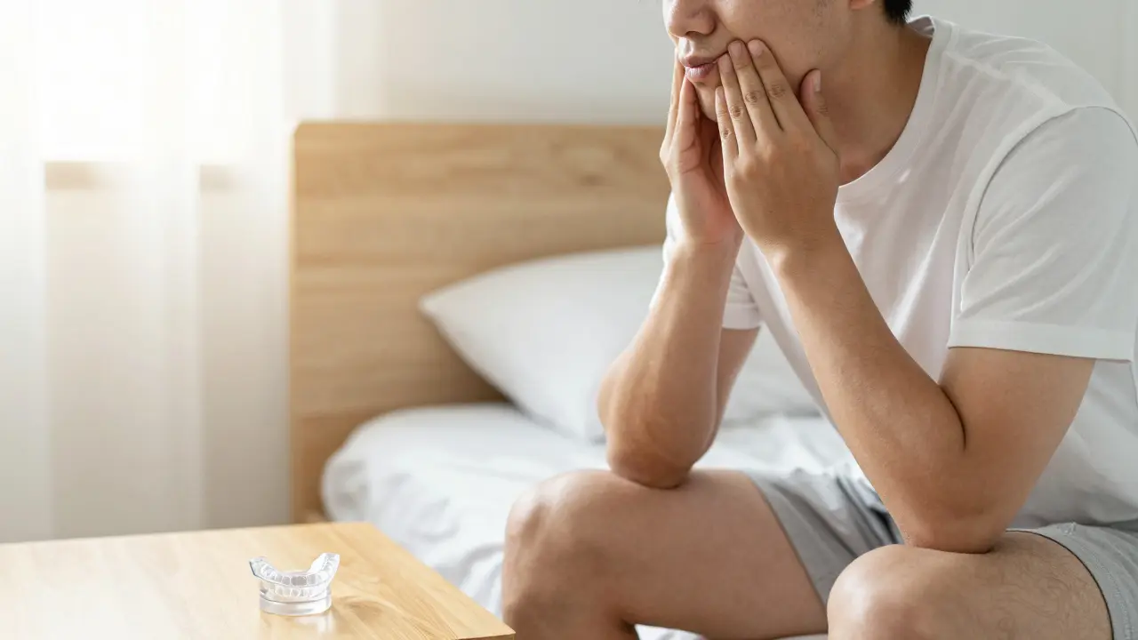 Unavený člověk ranními hodinami drhne čelist po nočním skřípání zubů.