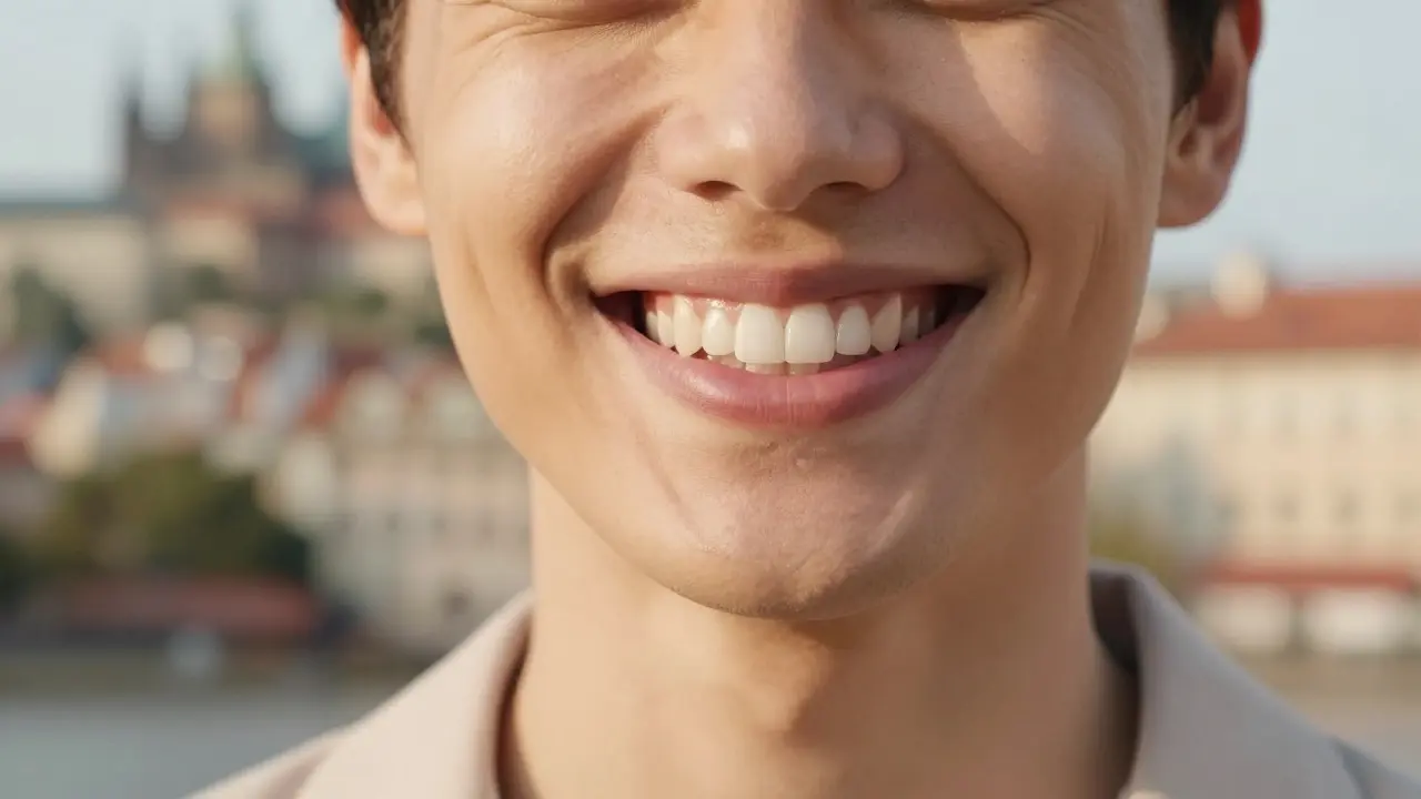 Úsměv osoby s přirozeně bílými zuby v městském prostředí