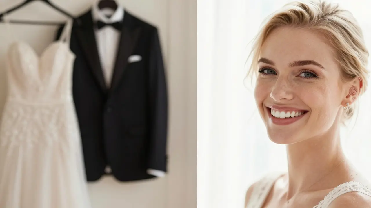 Zářivý bílý úsměv vedle svatebních šatů symbolizující přípravu na důležitou událost.