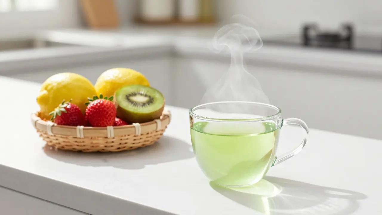 Zelený čaj a košík s ovocem na bílé kuchyňské desce.