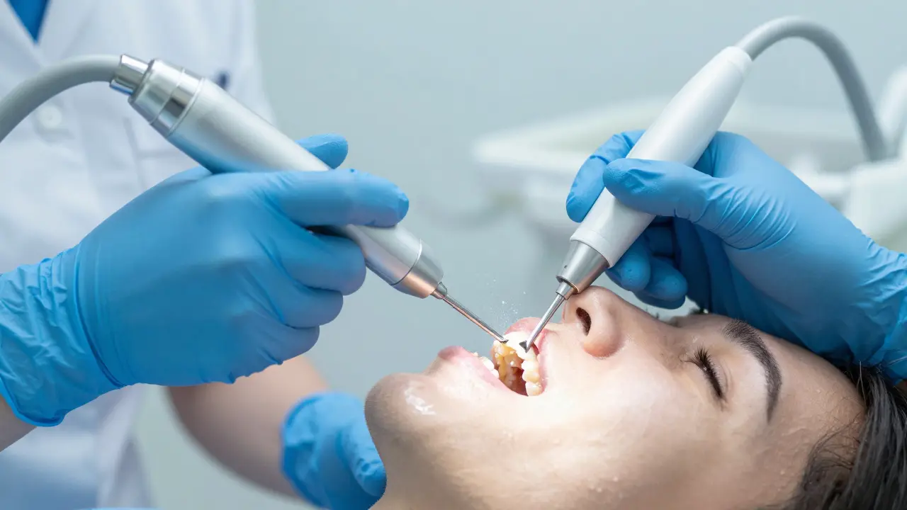 Zubař provádí ultrazvukové čištění zubů v moderní klinice.