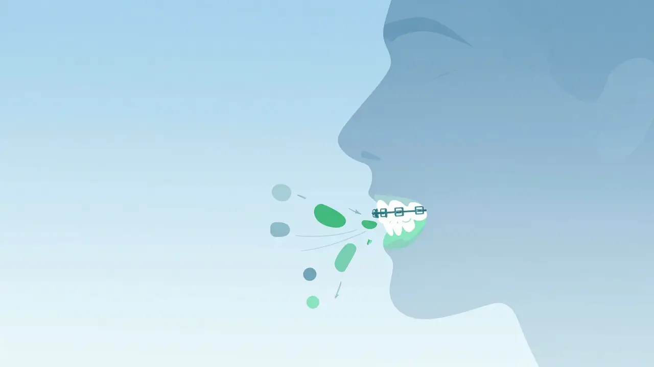 Ilustrace správné techniky žvýkání na zadních zubech s rovnátky.