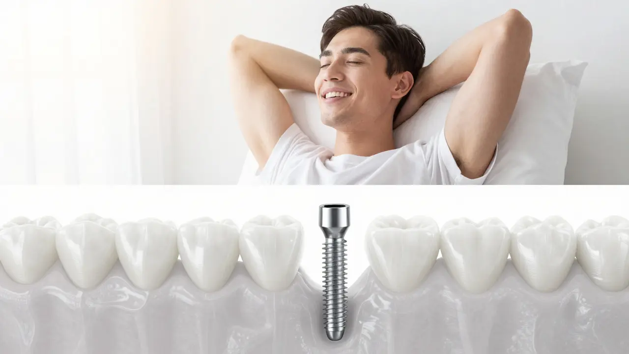 Konceptuální ilustrace obnovy kvality života díky zubním implantátům