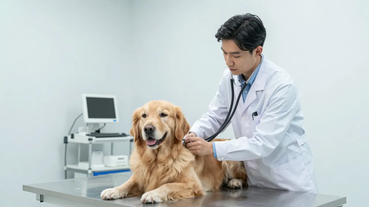Veterinář vyšetřuje psa na klinice