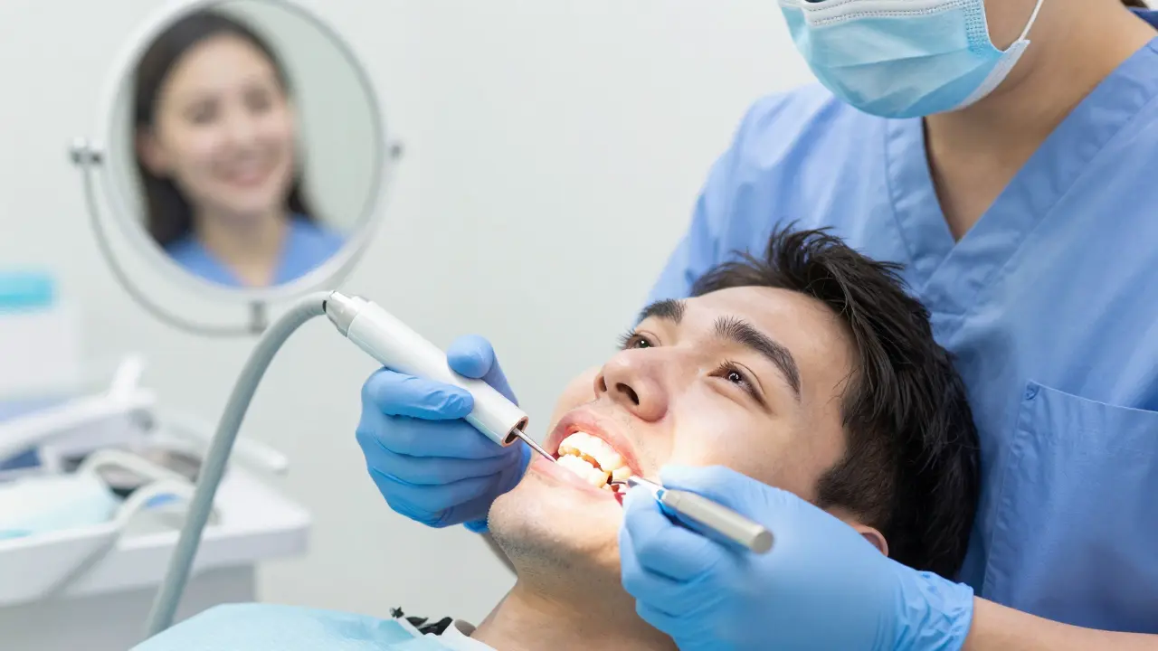 Zubní hygienista čistí keramickou korunku speciálním plastovým nástrojem