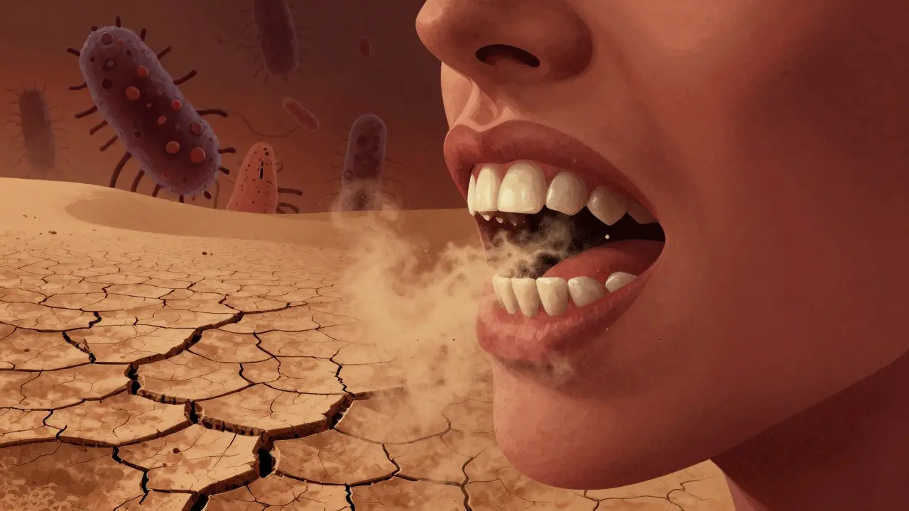 Abstraktní ilustrace suché ústní dutiny bez ochranných slin