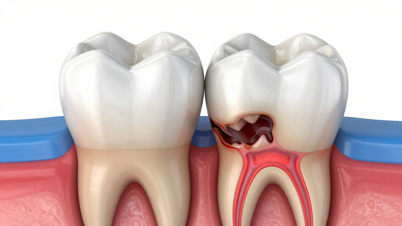 Anatomický řez zubem ukazující kaz mezi zuby a zanícený nerv