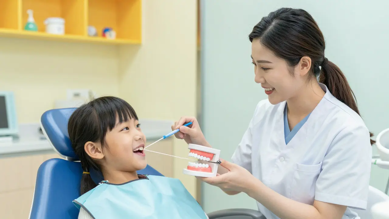 Dentální hygienista vysvětluje péči o zuby úsměvnému dítěti v ordinaci