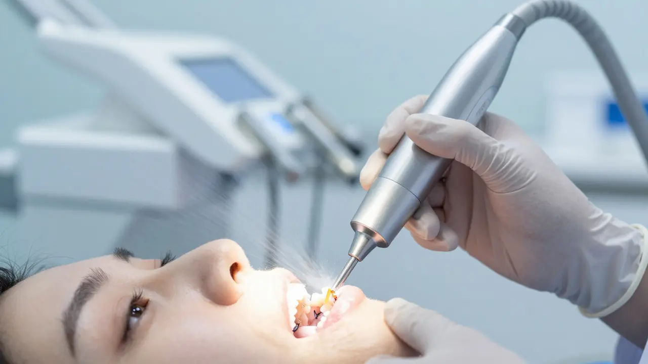 Hygienik používá ultrazvukový skalpel pro čištění zubů
